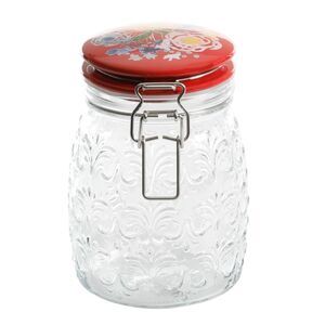 Pioneer Woman Celia Clamp Jar Red Floral Stoneware Lid Embossed Clear Glass Gift